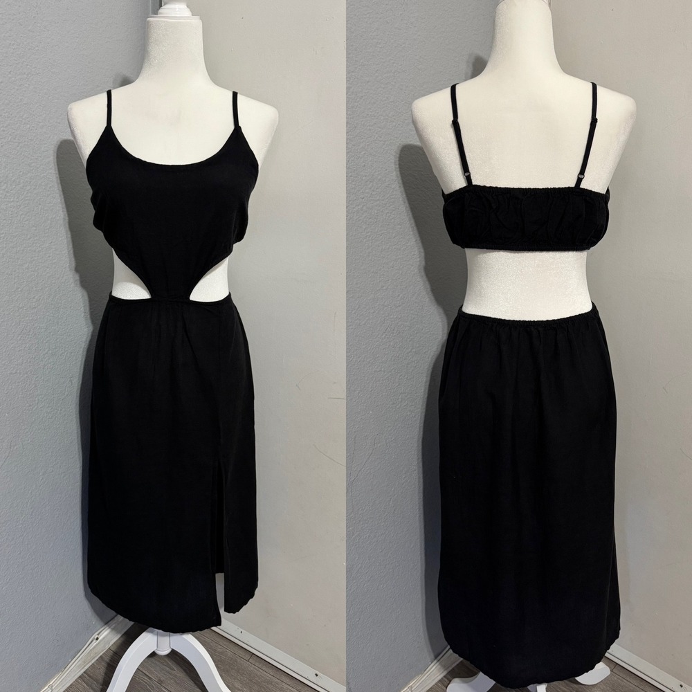 Boho Indulge Instyle Black Cut-Out Midi Dress Large with Front Slit Smocked Back